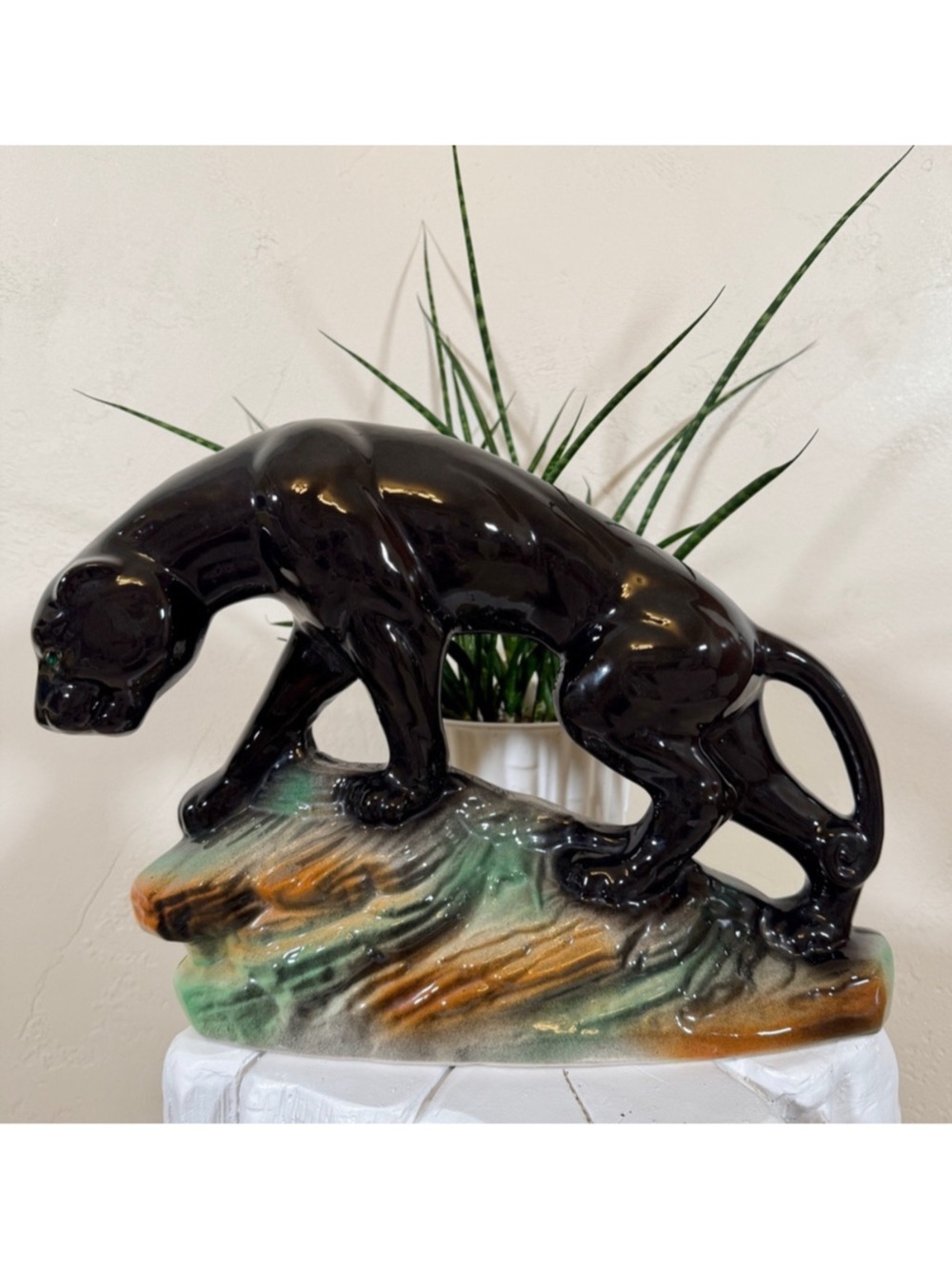 Vintage 1950s Lane & Co. Glazed Ceramic Black Panther Perched On Rocks Sculpture